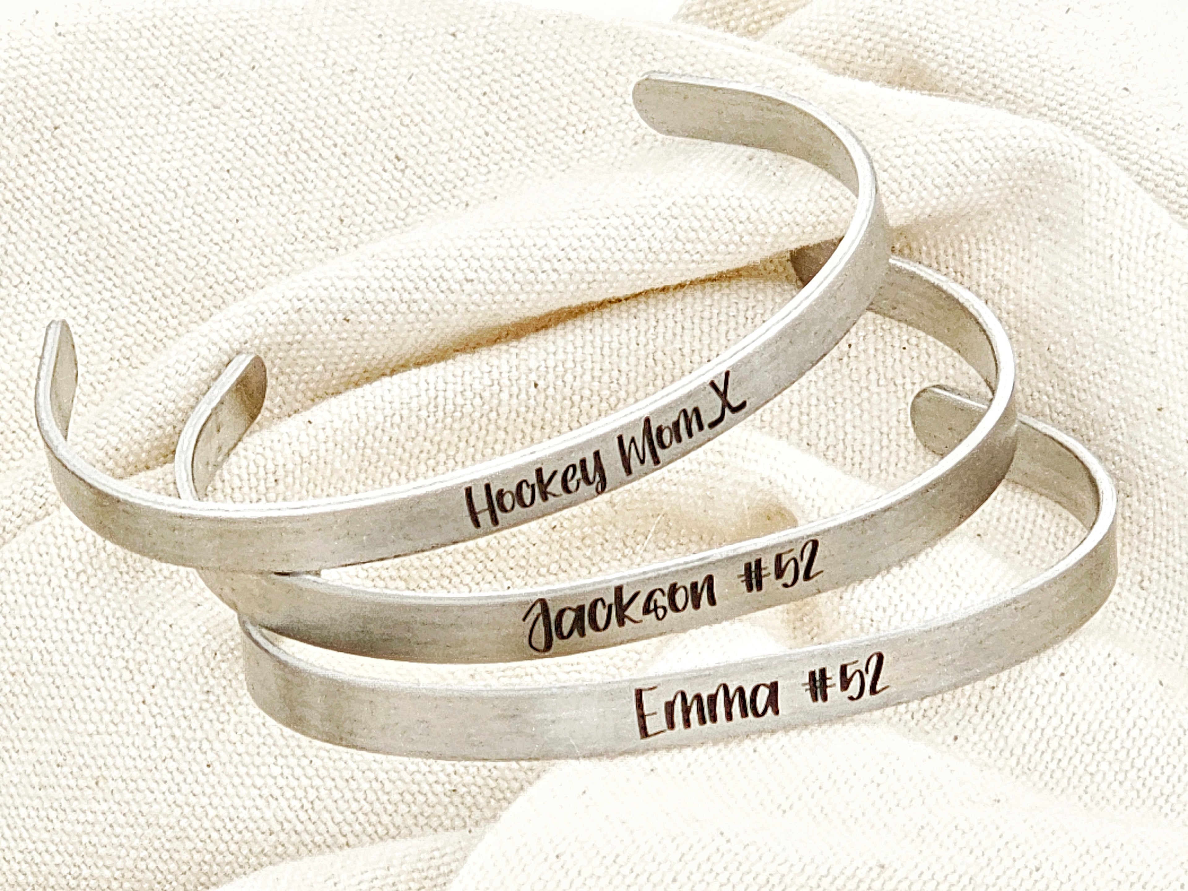 “Mom” Bangle – Name & Number – Hockey, Football, Soccer, Basketball Jewelry – Personalized Athletic Bracelet
