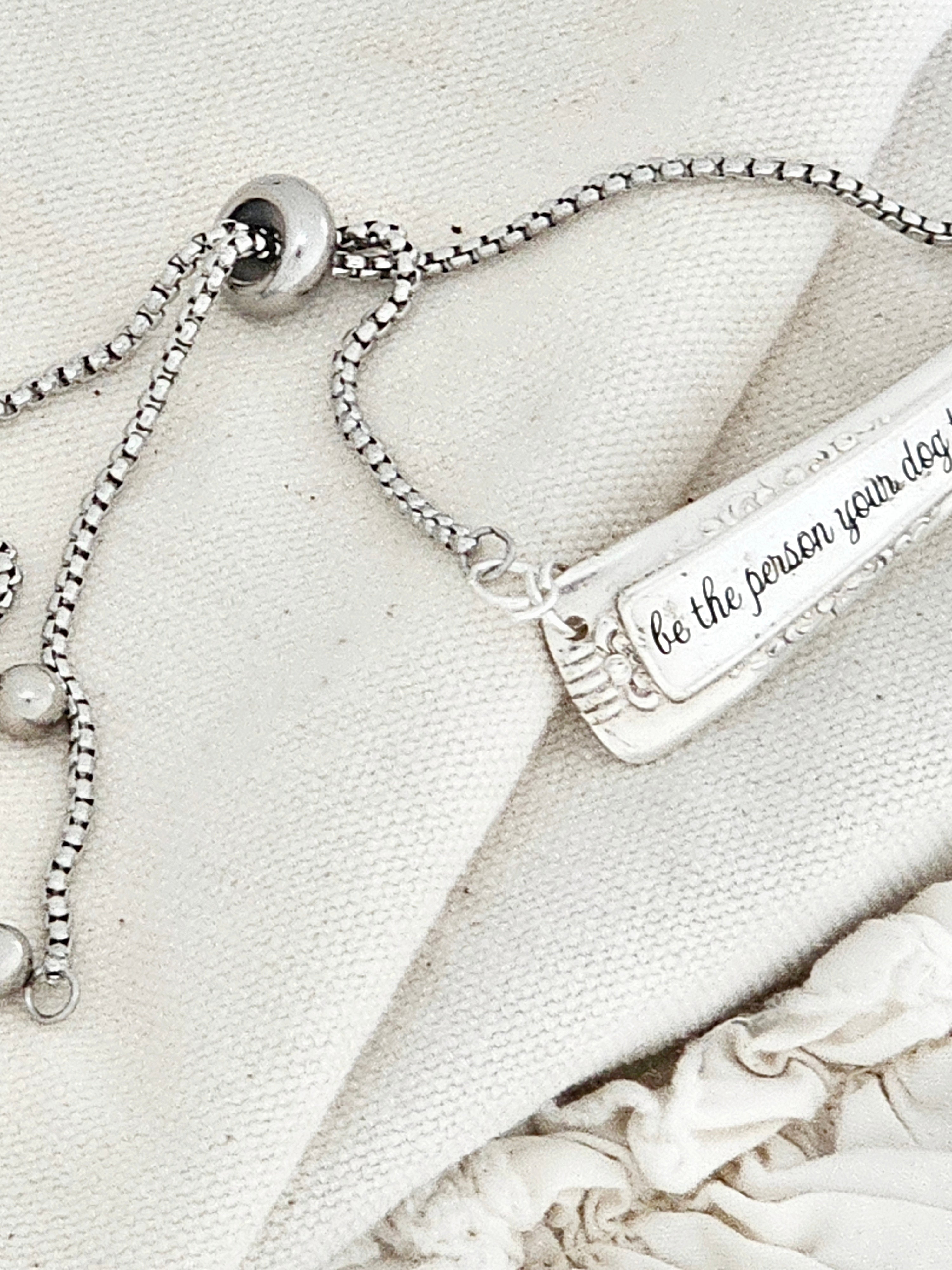 “Be The Person Your Dog Thinks You Are” - Vintage Silver Spoon Bracelet – Adjustable Engraved Flatware Jewelry – 1940s Silverware