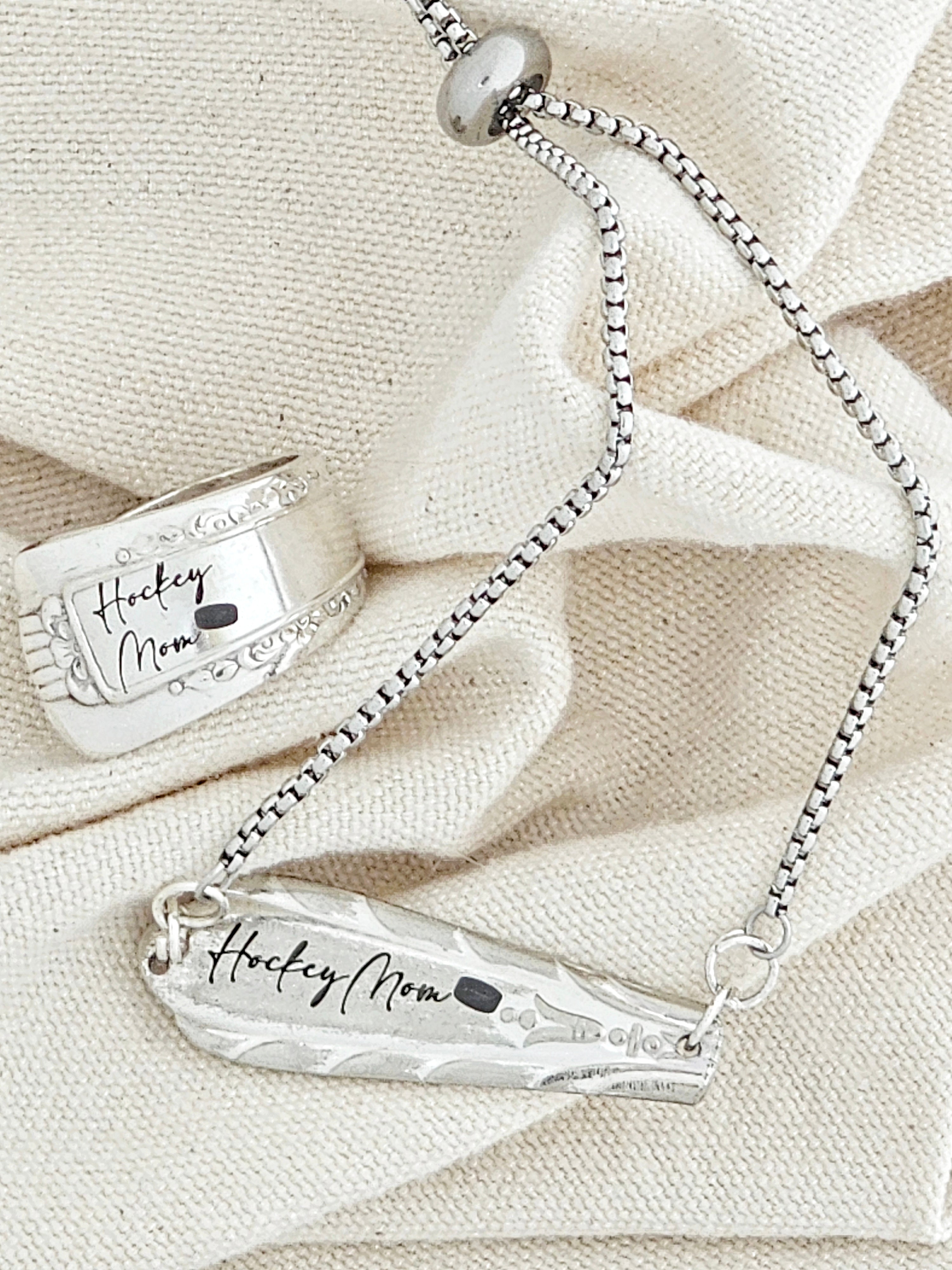 Sports Mom Spoon Jewelry Set – Silver Ring & Adjustable Bracelet – Engraved Vintage Flatware – Hockey, Basketball, Soccer & More