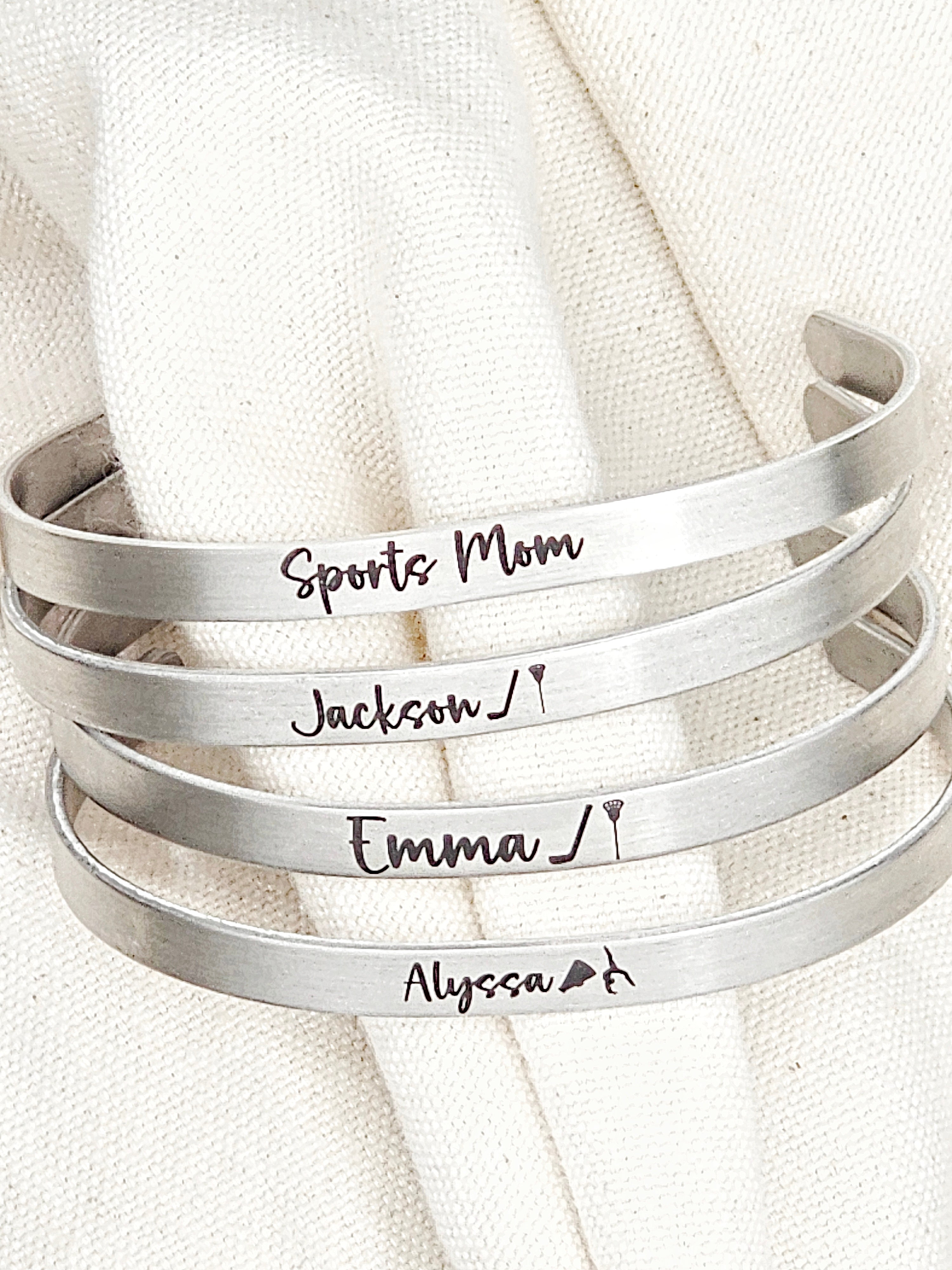 Custom Sports Mom Bangle Bracelet – Kids’ Names & Sports – Personalized Athletic Jewelry – Hockey, Soccer, Football, Basketball