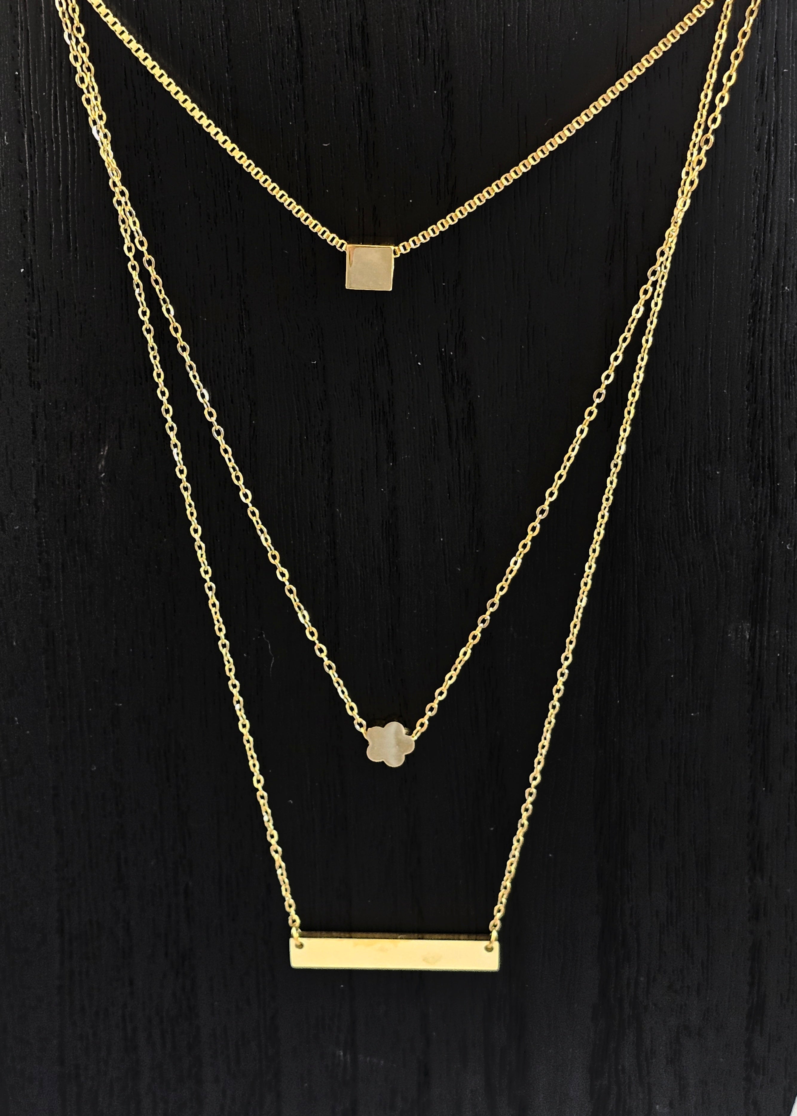 “The Emma” – Gold Necklace Stack – Square, Flower & Bar Pendants – Engravable