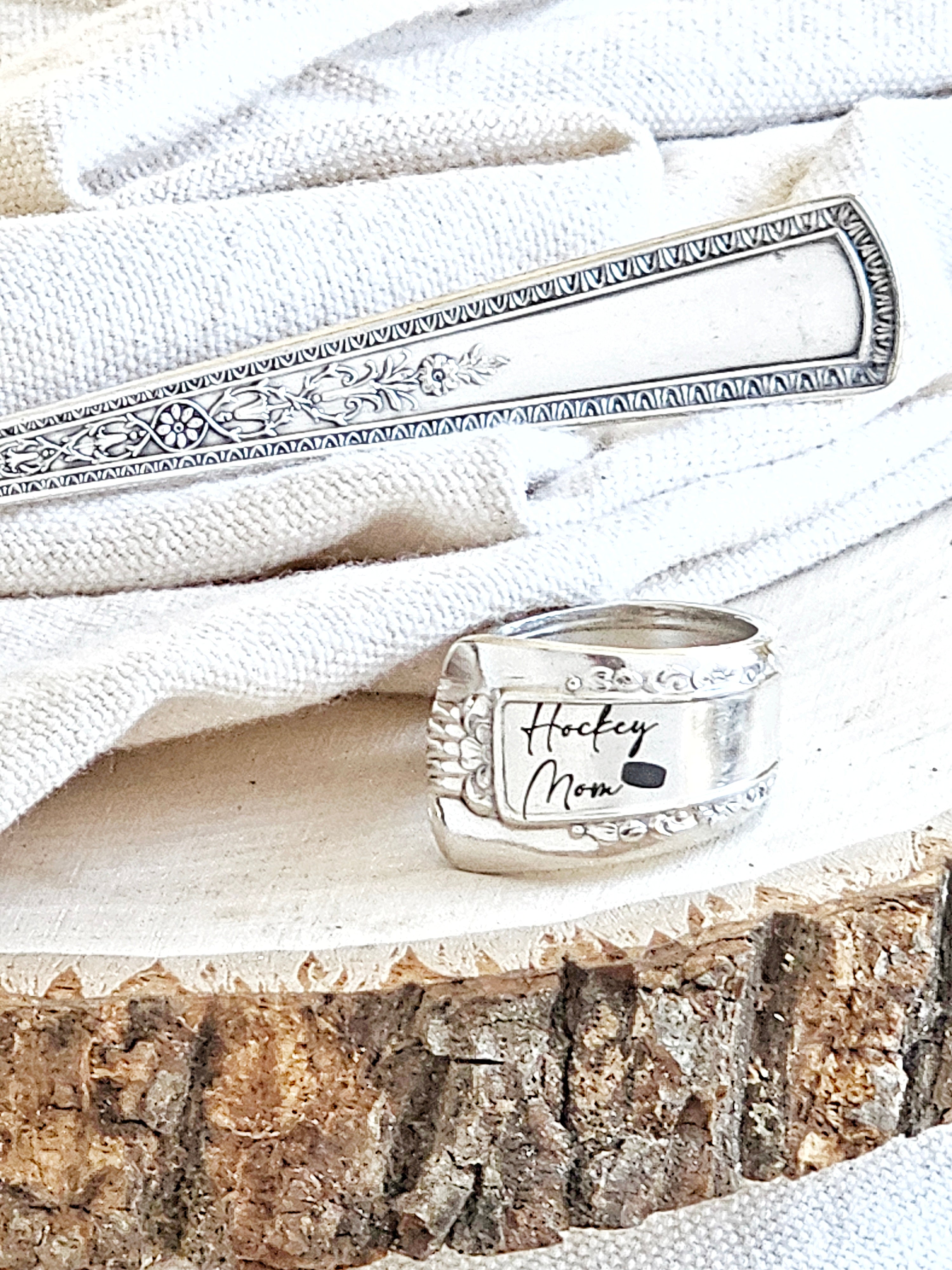 Sports Mom Spoon Jewelry Set – Silver Ring & Adjustable Bracelet – Engraved Vintage Flatware – Hockey, Basketball, Soccer & More