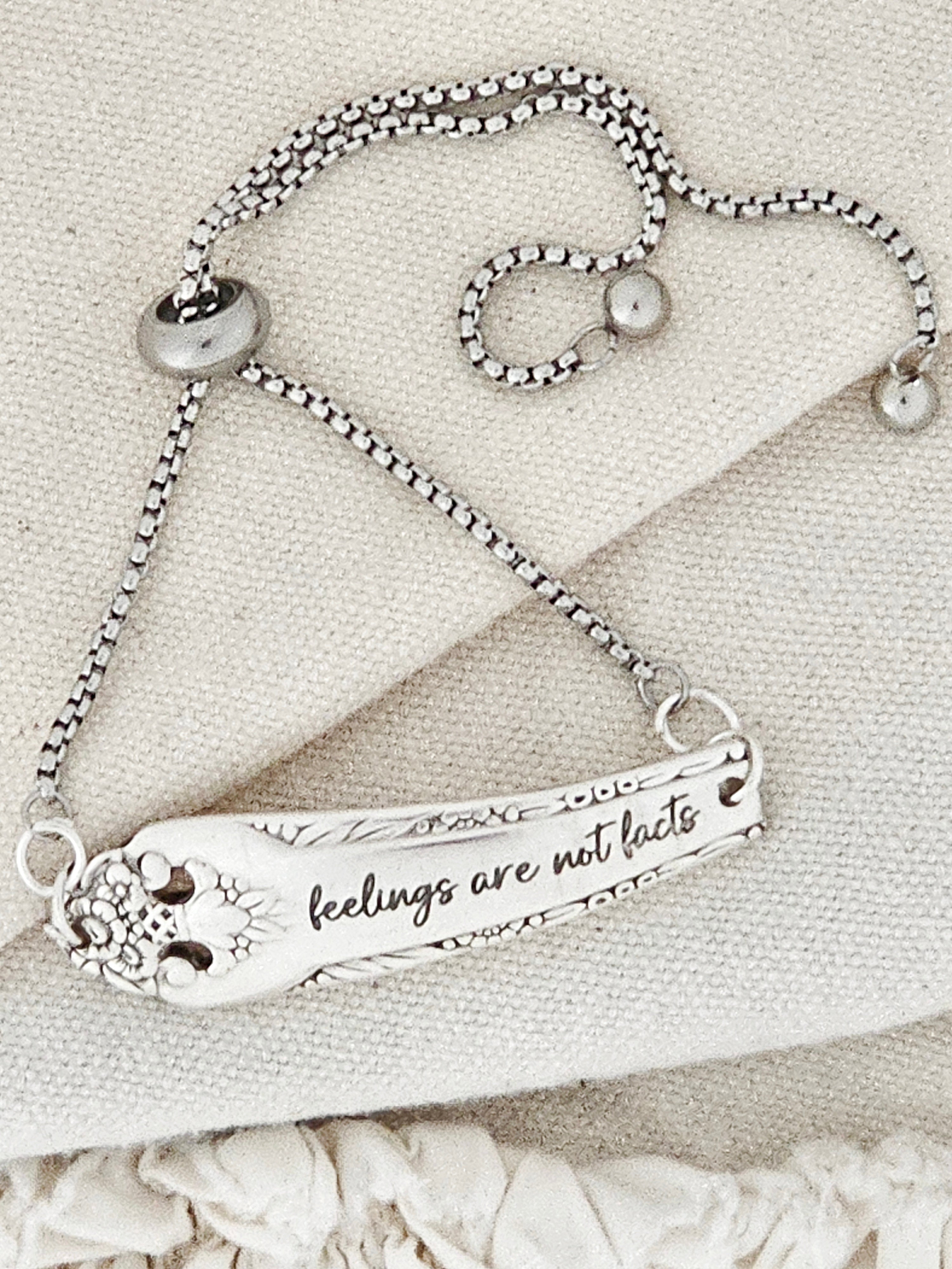 “Feelings Are Not Facts” -Vintage Silver Spoon Bracelet  – Adjustable Engraved Flatware Jewelry – 1940s Silverware