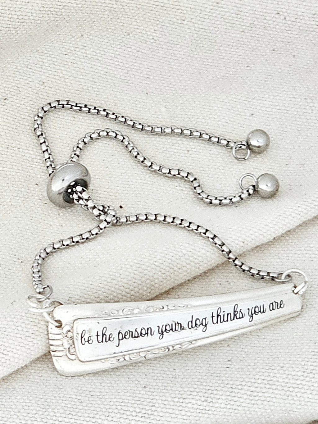 “Be The Person Your Dog Thinks You Are” - Vintage Silver Spoon Bracelet – Adjustable Engraved Flatware Jewelry – 1940s Silverware