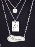 "The Molly"- Silver Necklace Stack with Spoon Ring, Circle & Rectangle Pendants – Fully Engravable Layered Jewelry