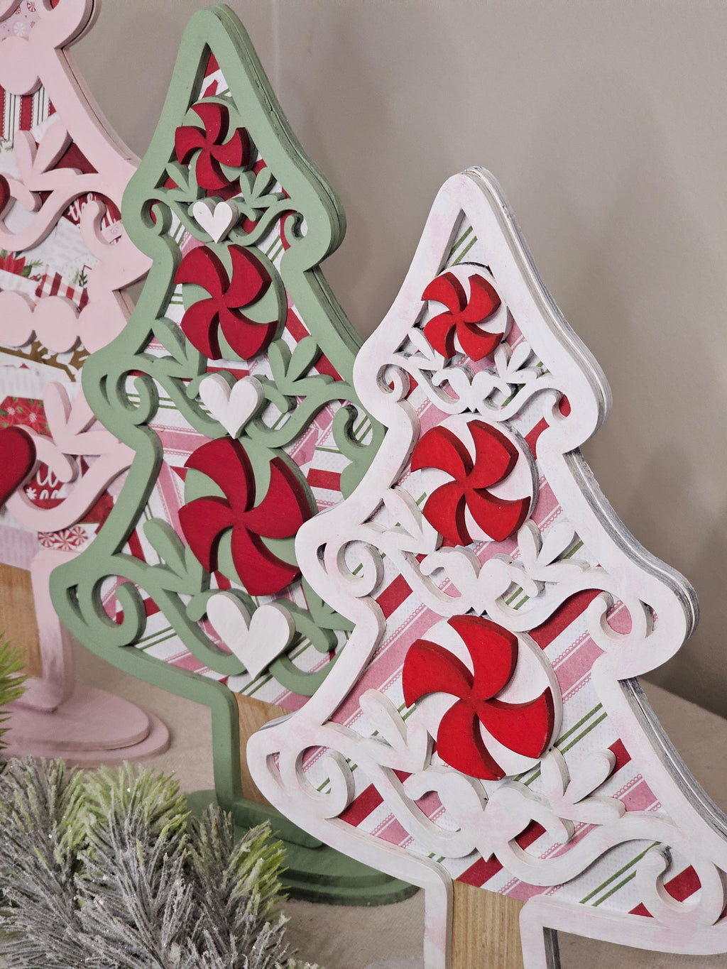 Soft Pink and Green Christmas Trees, Set of 3